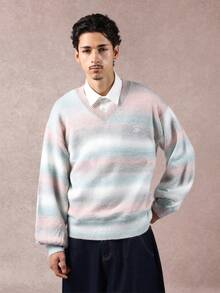 SUMWON Regular Gradient Fade V Neck Knit Sweater Pastel Color Block Winter Casual Long Sleeve Jumper Soft Cozy Pullover