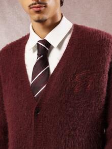 SUMWON 常规毛绒针织纽扣开衫经典学院风 V 领冬季舒适柔软纹理长袖学院风毛衣商务休闲办公室装 - 紅色 - 查看 5