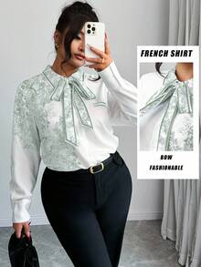 Elenzga Camisa de manga larga casual con estampado aleatorio y cuello anudado para mujer talla grande - Multicolor - Ver 1
