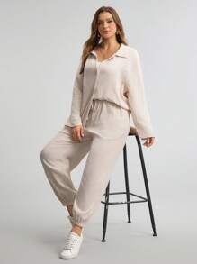 Comfylo Set de 2 piese pentru femei, mărime plus, culoare solidă, cu umeri căzuți, mânecă lungă, cămașă cu un singur nasture și pantaloni cu șnur, casual