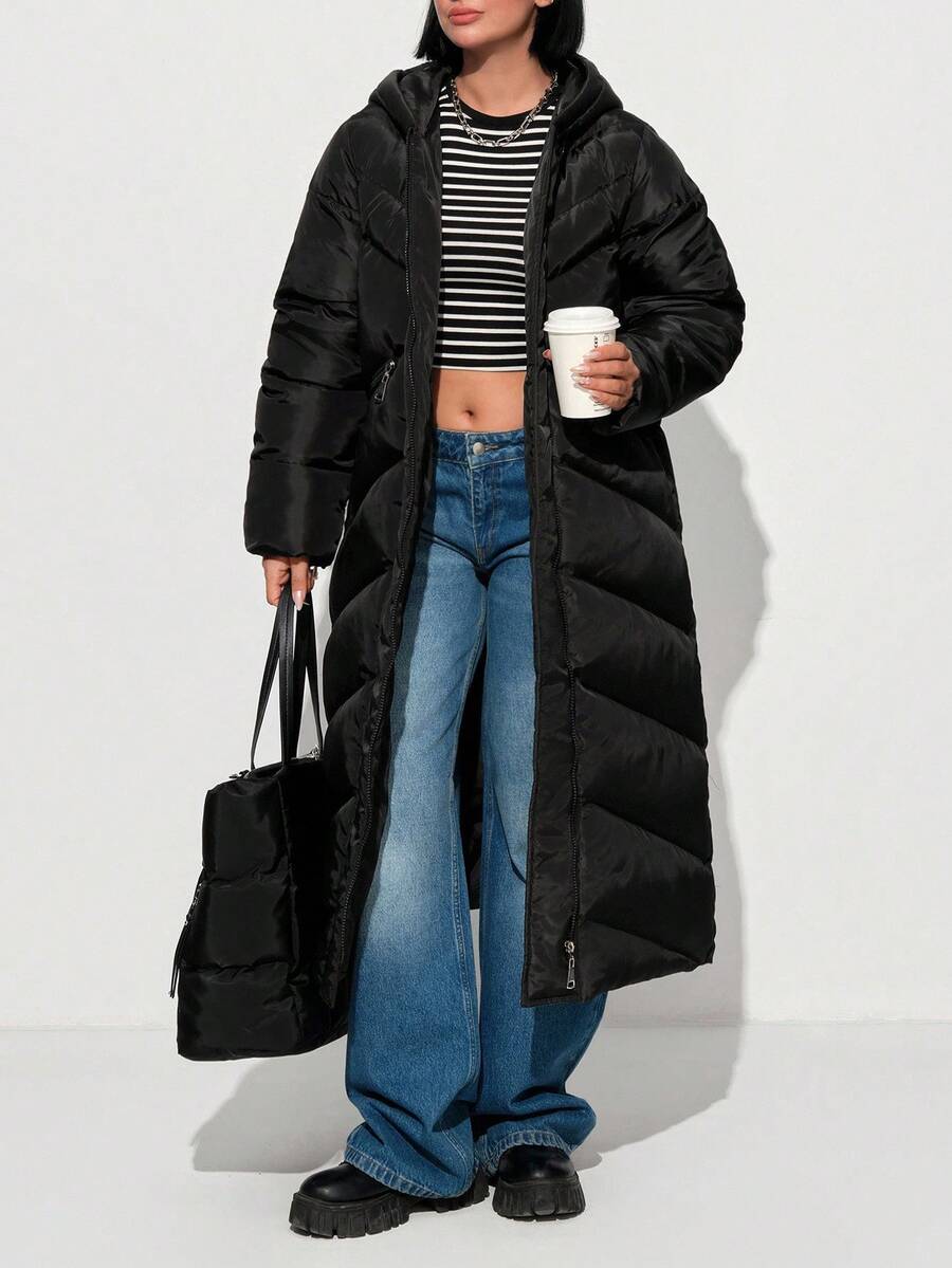 EURMUSE Solid Color, Asymmetric Zip-Up, Winter Coats - Black - View 1