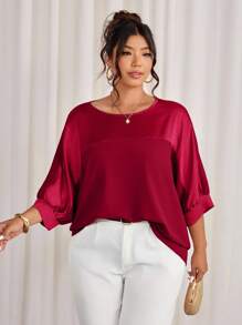 Allurite Áo thun chui đầu cổ tròn tay 3/4 vải kim loại chắp vá màu tương phản vải dệt cổ tay áo raglan thường ngày đi chơi đi làm dự tiệc - Đỏ - Xem 4