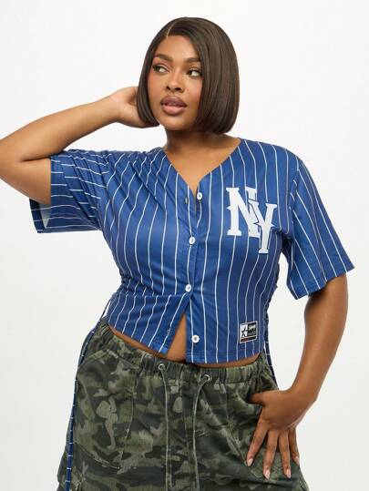 SUMWON Plus Size NY Baseball Jersey Button Down V Neck Short Sleeve Pinstripe Casual Summer Fan Tee Top