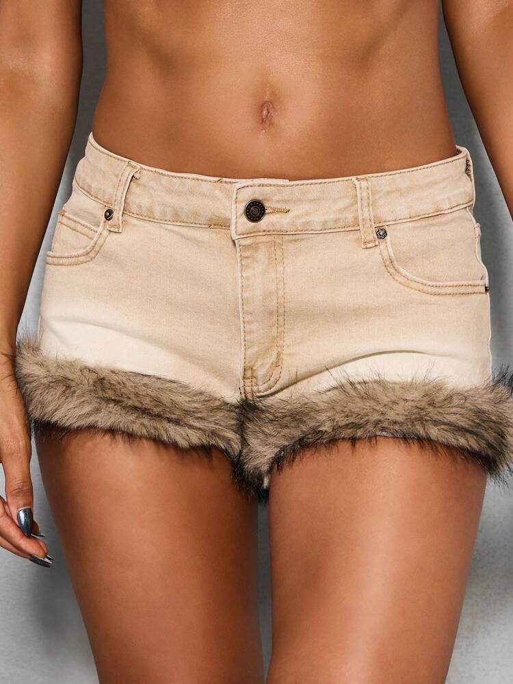 SUMWON WOMEN High Rise Denim Shorts With Faux Fur Trim