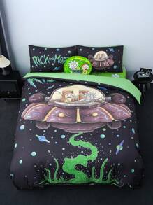 Rick and Morty X SHEIN 3件套床上用品，星球图案绿色羽绒被套，柔软透气，保暖，适合各种床尺寸 - 彩色 - 查看 2