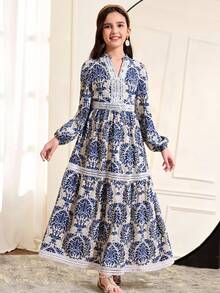 SHEIN Tween Girl Vacation Floral Print Long Sleeve Dress - Blue and White - View 1