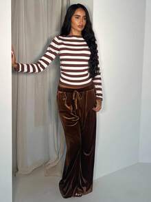 Glamine 女士韩版天鹅绒棕色阔腿裤，休闲优雅田园风长裤 - 棕色 - 查看 3