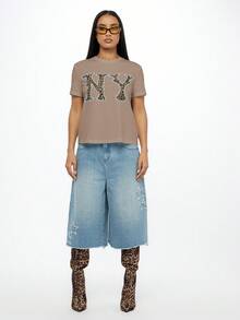 SUMWON WOMEN NY Leopard Print T-Shirt With Light Blue Outline Casual Summer Cotton Everyday Tee Streetwear Fashion Short Sleeve Crew Neck Urban Style