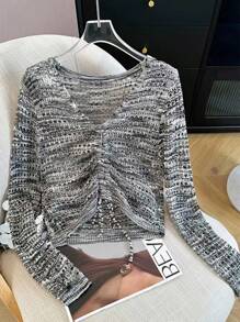 Franclia Nouveau pull tricoté court à col en V creux avec cordon de serrage, design d'Halloween, pour l'automne. pull tricoté décontracté pour les femmes, idéal pour les vacances, les trajets domicile-travail. Convient pour les tenues élégantes, décontractées, de bureau ou professionnelles en été, automne et hiver. - Gris - Voir 3