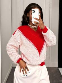 BamGleam Women's Autumn Contrast Color V-Neck Dropped Shoulder Long Sleeve Loose Casual Sweater - Red - View 5