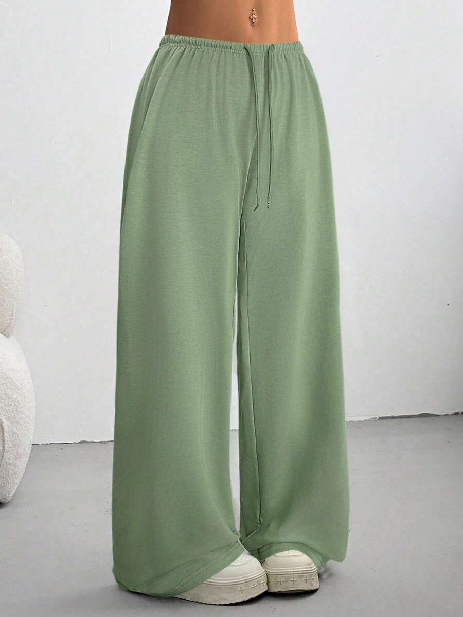 SHEIN EZwear 女式橄榄绿色宽松抽绳腰运动裤，夏季 - 墨綠色 - 查看 1