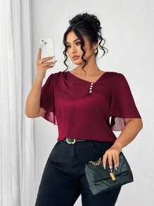 SHEIN Elenzya Camisa elegante y casual de manga corta con cuello con volantes asimétrico, decoración con botones y talla grande - Burdeos - Ver 5
