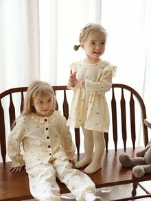 SHEIN Vestido de manga larga con pantalones de mezcla de lino para niñas bebés, ropa de transición cómoda para primavera/otoño, estilo campestre, con estampados florales, lazos y lunares, lindo y versátil - Albaricoque - Ver 7