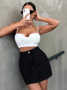 EURMUSE Women's Washed Denim Skirt With Slanted Pockets And Hip Wrap Design - Black - View 5