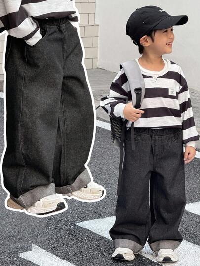 SHEIN Little Byeori 小男孩黑色宽松卷边直筒牛仔裤