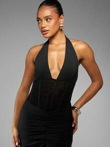 MISSGUIDED Halter Neck Corset Maxi Dress Ruched Evening Gown Fitted Bodycon Mesh Panel Party Dress Floor Length Elegant Formal Special Occasion Gown - Black - View 3