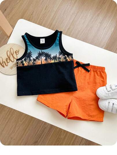Baby Boy Tropical Print Tank Top & Bow Front Shorts