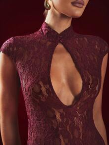 Hauture 蕾丝网眼镂空高开衩长裙 - 性感、万圣节、夜间外出、派对 - 酒紅色 - 查看 2