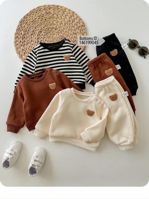 3pcs Newborn Baby Cute Knitted Striped Cartoon Pattern Long Sleeve Sweatshirt Set, Fall Clothes Winter