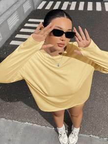 SHEIN EZwear Camiseta de manga larga de unicolor informal de talla grande, primavera/otoño