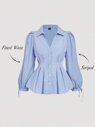 SHEIN MOD Damen Große Größen elegantes gestreiftes Langarm-Hemd, taillierter Gürtel Puffärmel Bluse, geeignet für Frauen, schmeichelnde Silhouette und anmutiger Stil, für Büro oder Lässig, Herbstkleidung für Frauen, gestreifte Bluse, taillierte Bluse, Damen Blusen und Hemden, Büro Blusen, Lässig Work Tops