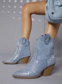 SHUZIA 畅销女款炫彩水钻牛仔西部短靴：Tayler Swit 灵感，节日必备，永恒奢华 - 藍色 - 查看 1