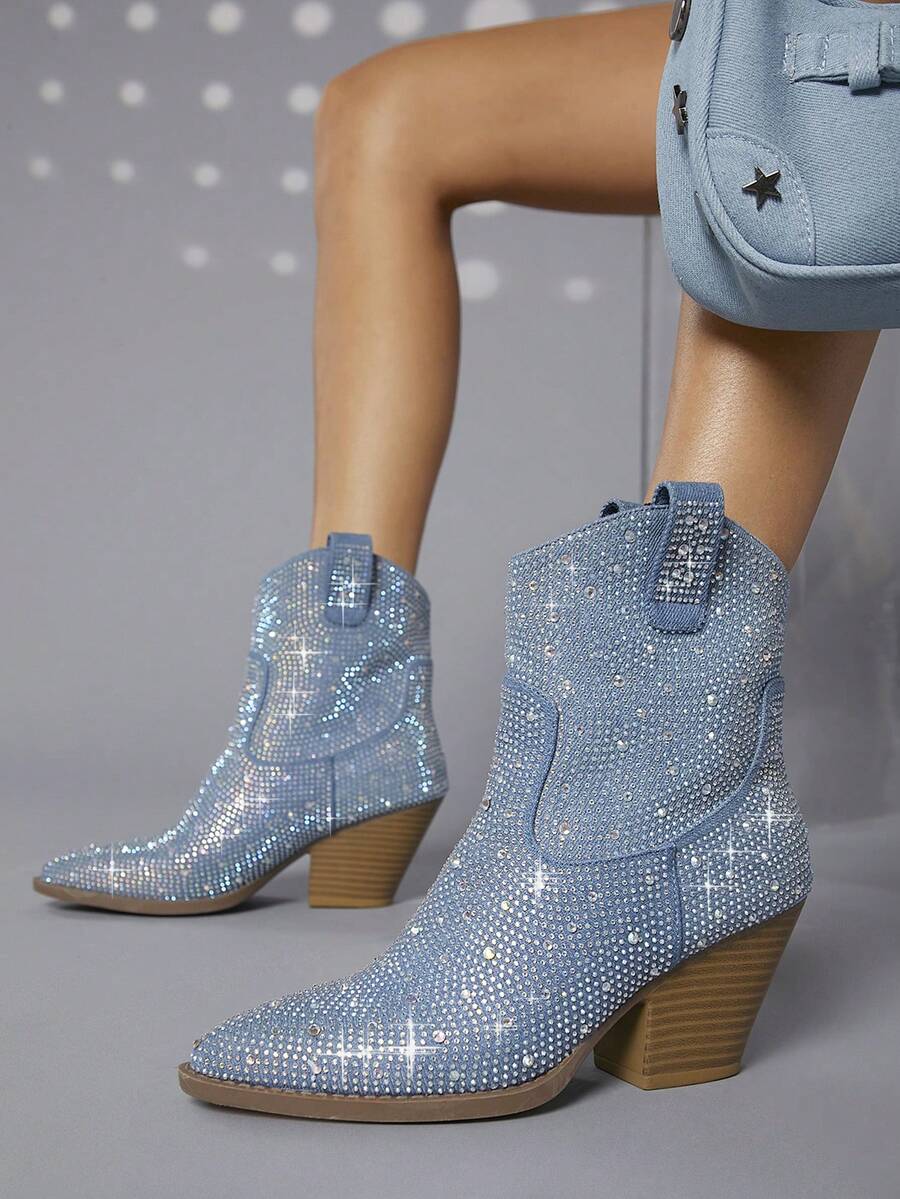 SHUZIA 畅销女款炫彩水钻牛仔西部短靴：Tayler Swit 灵感，节日必备，永恒奢华 - 藍色 - 查看 1