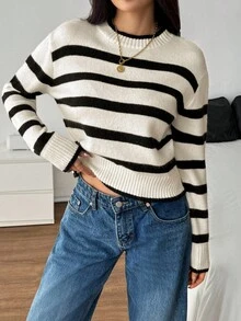 SHEIN PETITE 女式立领黑白条纹简约毛衣，休闲日常穿着，适合秋冬季娇小身材 - 黑與白 - 查看 6