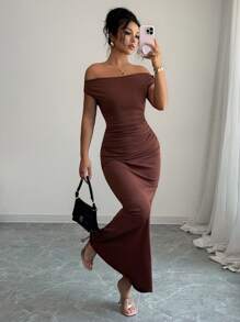 Rafferiza 女士优雅褶饰露肩金属装饰修身派对连衣裙 - 棕色 - 查看 5