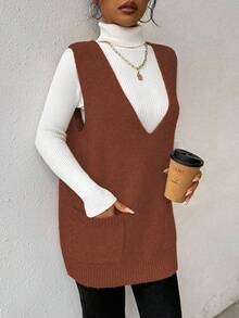 EMERY ROSE Chaleco casual de mujer de punto de unicolor con cuello en V sin mangas, con bolsillos y textura acanalada - Naranja Quemada - Ver 6