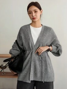 Dazy-Less 女款優雅灰色秋季辦公室寬鬆針織開襟衫，商務休閒水鑽亮片抽繩收腰毛衣，適合通勤與戶外穿著 - 灰色 - 查看 7