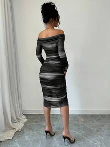 Elenzga Gaun Elegan Tanpa Bahu, Pas Badan, Efek Dua Lapis, Rajutan Jala Elastis Tinggi, Motif Tie Dye Multiwarna untuk Wanita, Musim Gugur/Dingin - MultiWarna - View 2