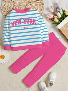 SHEIN Happikins 2pcs/Set Young Girl Casual Blue Striped With "NEW YORK" Print, Contrast Pink, Back To School, College Style, Minimalist Crew Neck Long Sleeve Sweatshirt And Leggings, Suitable For Autumn/Winter Fall - Multicolor - View 2