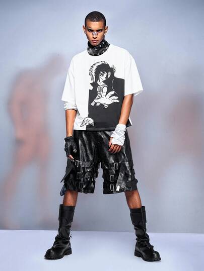 Black Jack X ROMWE Camiseta de manga corta de cuello redondo con estampado de personaje de dibujos animados, de corte holgado y casual para hombre, moda de verano