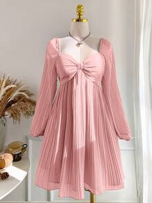 Comfortcana 大码休闲褶皱长袖粉色连衣裙，秋冬 - 粉色 - 查看 4