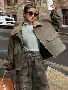 DAZY 女式宽松休闲街头风格人造羊毛拼接冬季夹棉大衣