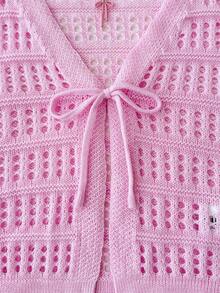 SHEIN 少女针织开衫，休闲粉色度假短款蝴蝶结复古纹理蕾丝边落肩长袖毛衣，适合所有季节，可单独穿着或分层穿着，日常搭配法韩风单品，返校，秋冬与女友的日常穿着 - 粉色 - 查看 4