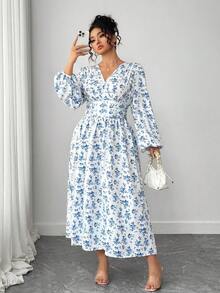 Elenzga Plus Size Women's Elegant Lantern Sleeve Split Thigh Ditsy Floral Crossed V-Neck Maxi Dress Fall Cloth For Women - Blue and White - View 7