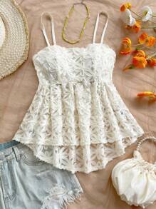 Soleia WYWH 女士夏季度假、毕业典礼、婚礼、返校、复活节派对午餐可爱休闲夏季吊带背心，甜美浪漫花卉纹理针织吊带背心，弹性腰部和不对称下摆，黄色 - 米色 - 查看 3