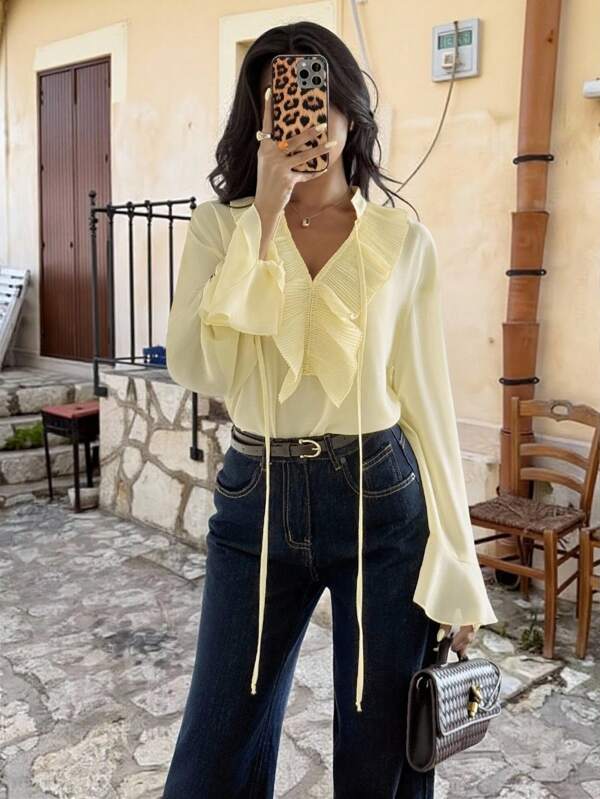 Firerie Blusa holgada de manga larga de gasa con cuello en V y cintura anudada en color amarillo claro, top romántico para mujer, camisa de gasa de manga larga, ropa de primavera, verano y otoño, elegante, para ir al trabajo, sexy, para vacaciones, playa, estilo bohemio, Hawái, festivales de música, citas, fiestas, bodas, graduaciones, bailes de promoción, conciertos, atuendo laboral, regreso a clases, ropa de resort para mujer, para maestras