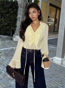Firerie Áo cánh voan dài tay bèo nhún cổ chữ V màu vàng nhạt dành cho nữ, Áo nữ lãng mạn, Áo sơ mi voan dài tay, Trang phục xuân hè thu, Thanh lịch, Đi làm, Gợi cảm, Kỳ nghỉ, Bãi biển, Bohemian, Hawaii, Lễ hội âm nhạc, Lãng mạn, Hẹn hò, Tiệc tùng, Mùa cưới, Váy tốt nghiệp, Dạ hội, Biểu diễn, Hòa nhạc, Trang phục công sở, Trở lại trường, Trang phục nghỉ dưỡng dành cho nữ, Giáo viên nữ, Áo mùa thu - Màu vàng - Xem 3