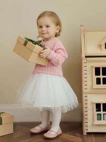 SHEIN Babygirl Pink Knit Cardigan & Tulle Skirt Set, Cute Outfit For Outings And Parties - Multicolor - View 4