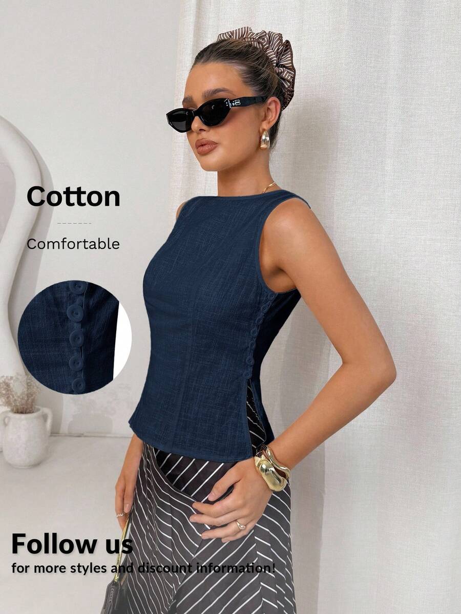 Lavishia Áo sơ mi công sở cổ điển ôm vừa vặn bằng vải lanh trắng thắt nút tre - Màu xanh hải quân - Xem 1