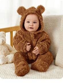 SHEIN Newborn Baby Boy/Girl Cute Cartoon Pattern Fluffy Hooded Footed Jumpsuit, Thermal Lined, Suitable For Autumn & Winter, Indoor & Outdoor Baby Teddy Bear Outfit Teddy Bear Baby Clothes Baby Bear Baby Bear Fall