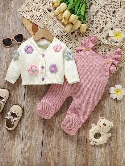 SHEIN Vintaside Kids Baby White Pastel Pink Cute Baby Girl Knitted Outfits,Hand-Crocheted 3D Floral Jacket,Ruffled Suspender RomperHeadband Set,Autumn Winter Clothes