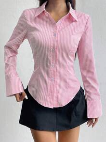 Elenzga 大码女式条纹长袖单排扣休闲/工作衬衫 - 彩色 - 查看 6