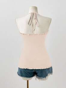 Sunspun 大码女式休闲无袖荷叶边上衣，夏季 - 杏色 - 查看 2