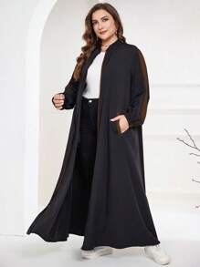 Al Najma 加大码撞色拼布长款阿拉伯风格休闲长袍，休闲适度运动长款运动衫风格前拉链闭合长袍阿拉伯风格连衣裙，适合日常休闲 - 棕色 - 查看 6