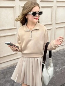 SHEIN 2件套青少年女孩休闲百褶裙和拉链高领上衣套装