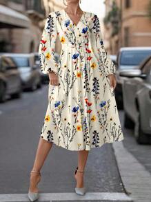 SHEIN Clasi Apricot Ditsy Floral Long Dress, Elegant And Suitable For Everyday Wear Classy Outfits For Women Fall Clothes For Women Fall Women Clothes Fall Dresses For Women Elegant Dresses For Women Fall Dresses Chic Dress